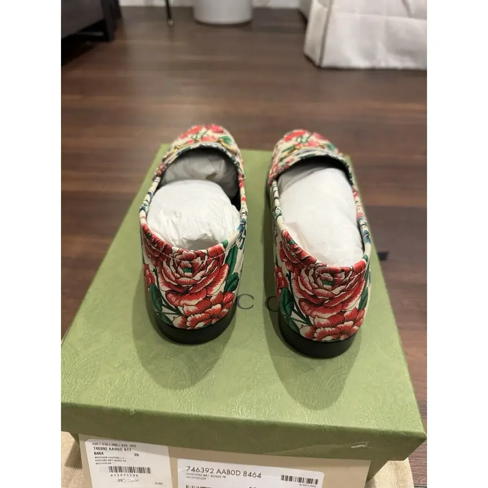 Gucci NWT Moccasin Leather Wexford Brit Roses Multicolor MSRP$1050 Size 39